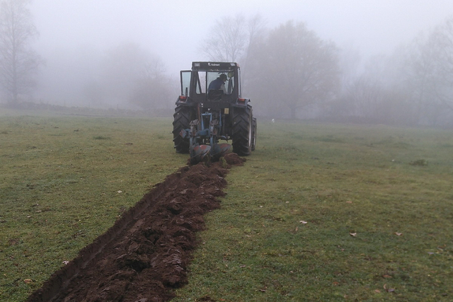 En traktor med första plogfåran bakom sig framför en dimmig horisont med några träd